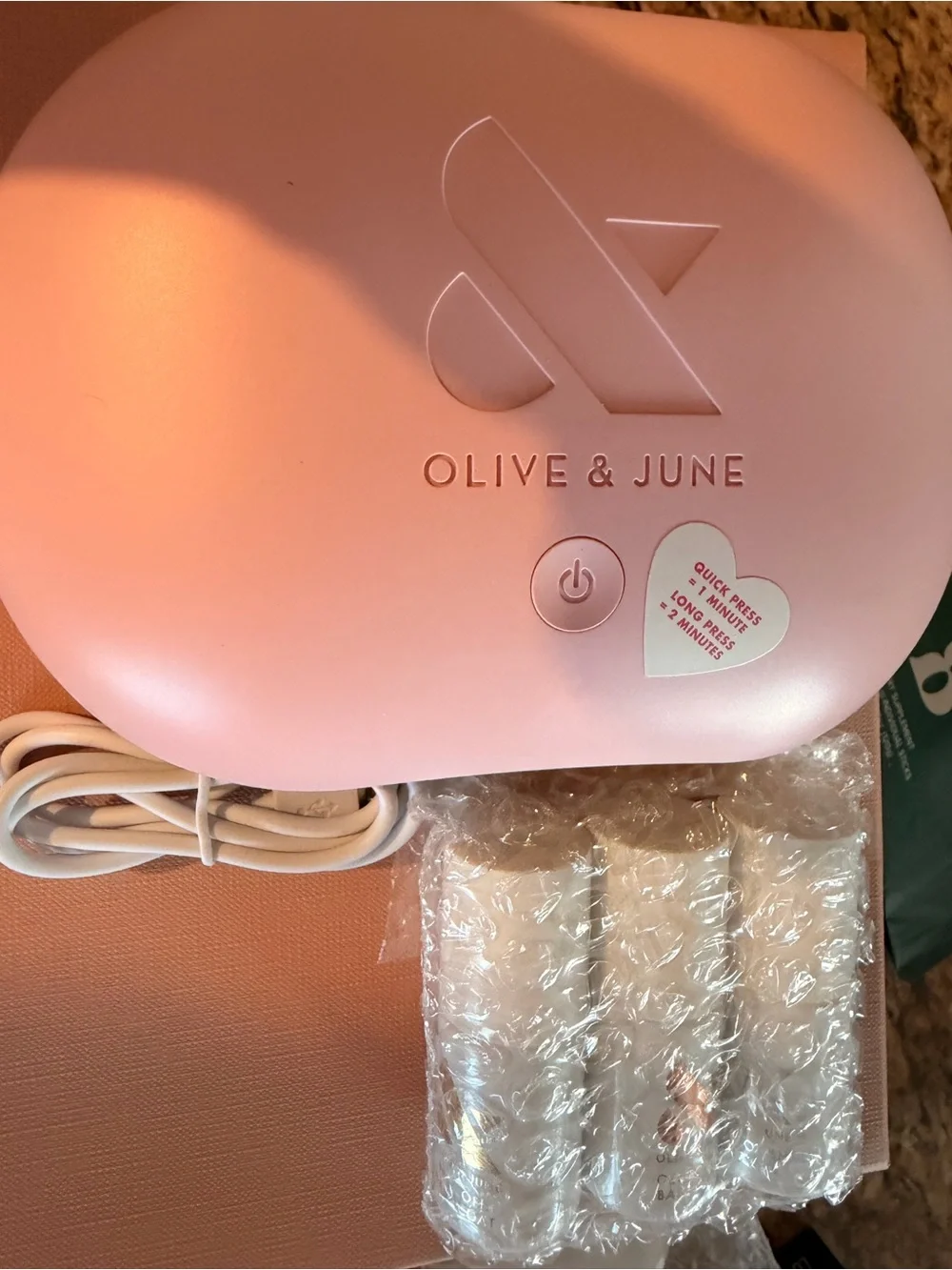 Olive & June Pink LED Nail Lamp + Base Coat, Peel Off + Top Coat NEW